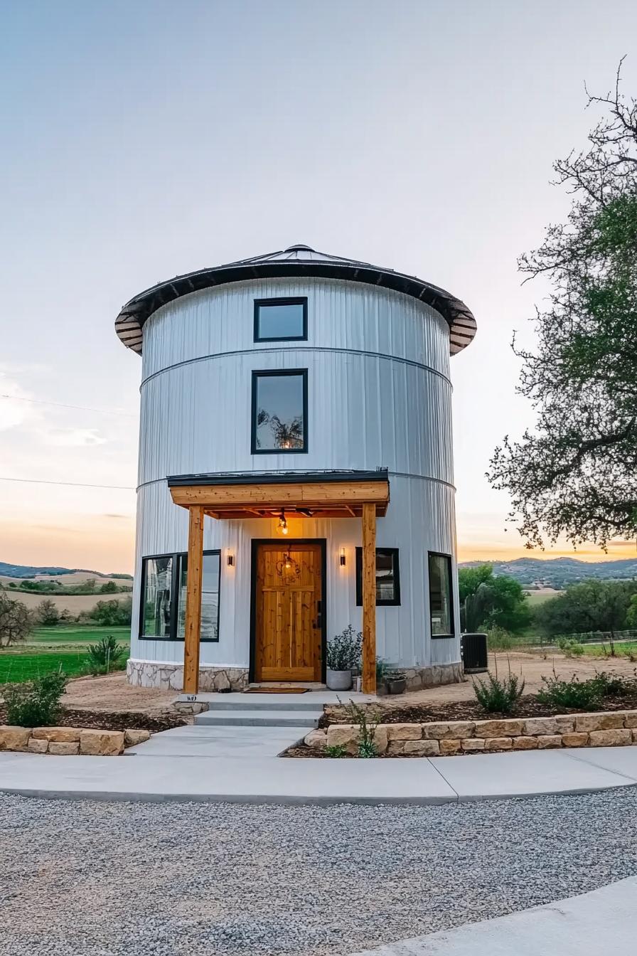 white grain silo converted into a home with modern windows front porch construction of wooden posts and beams on stone foundations concrete and 2