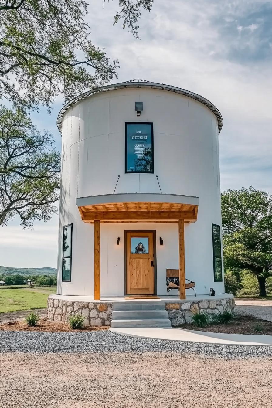 white grain silo converted into a home with modern windows front porch construction of wooden posts and beams on stone foundations concrete and