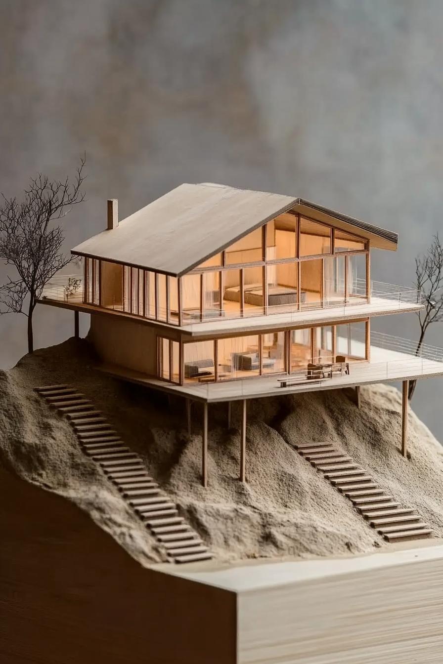 architecture scale model of a hillside house with terrace on stilts gabled roof full wall windows steps on the hillside grey background 1