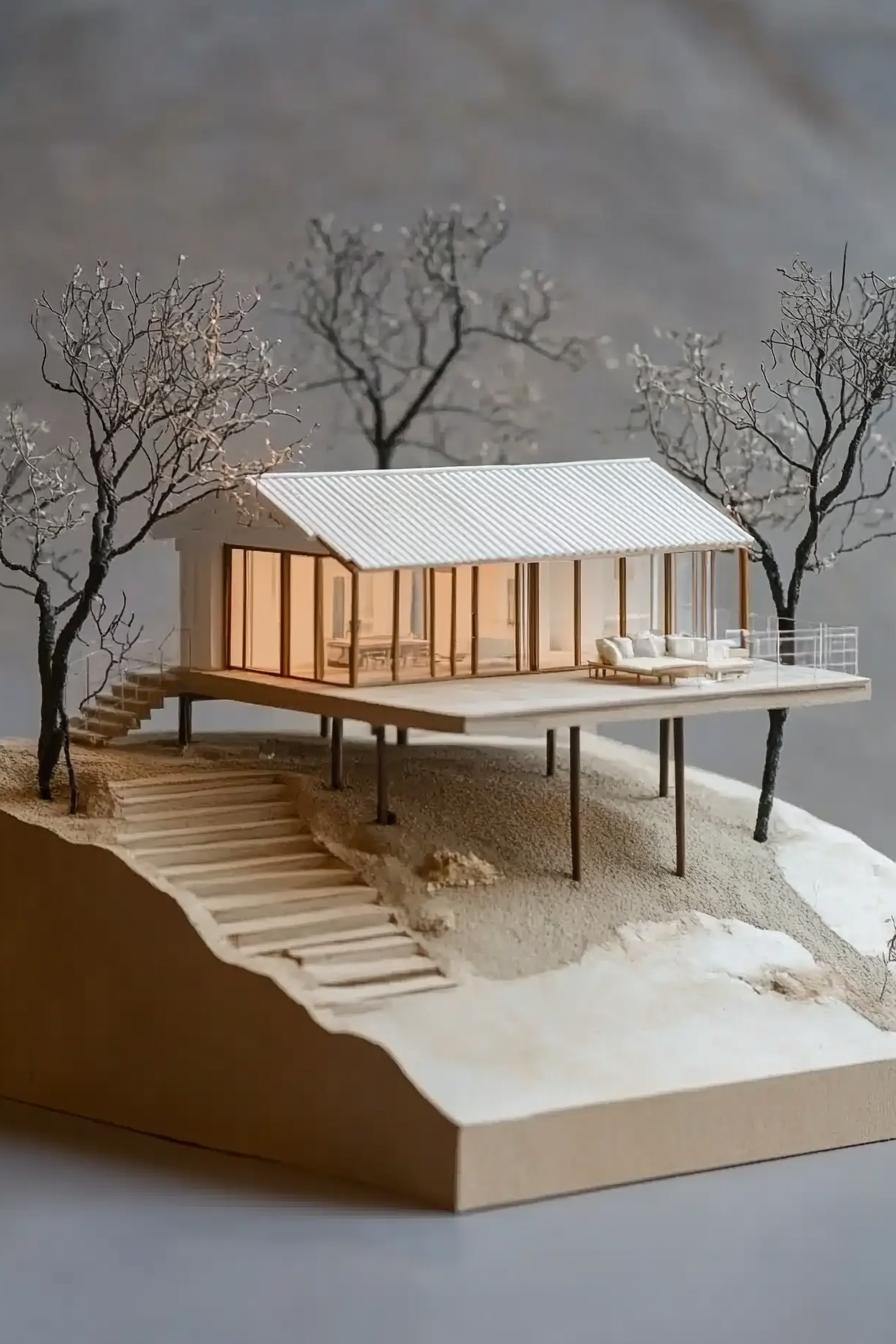 architecture scale model of a hillside house with terrace on stilts gabled roof full wall windows steps on the hillside grey background