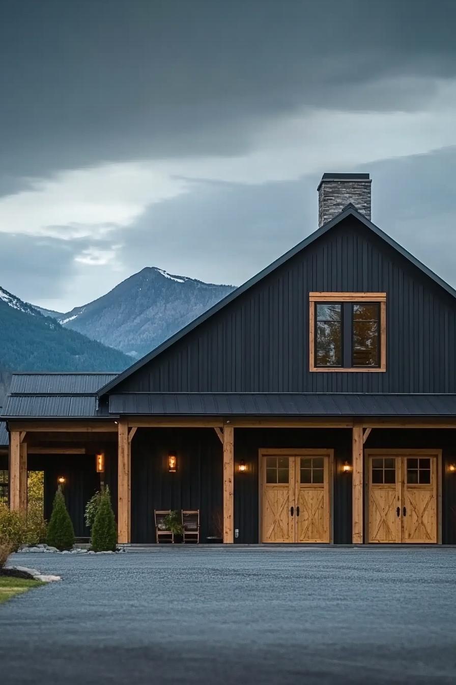 black shouse barndominium with cedar doors and exposed beams large porch chimney majestic mountains in the background 2