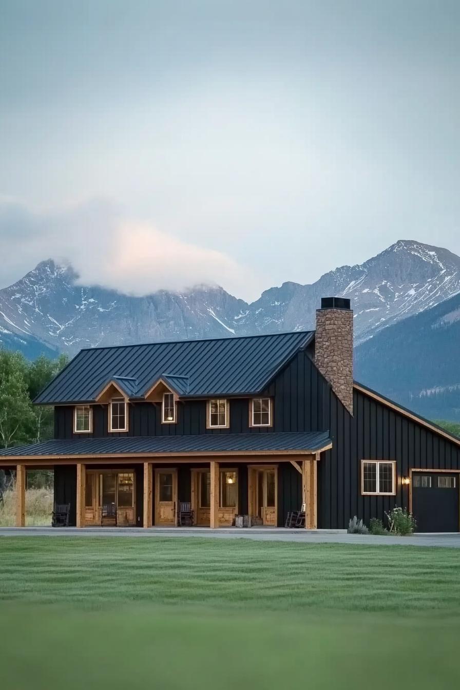 black shouse barndominium with cedar doors and exposed beams large porch chimney majestic mountains in the background