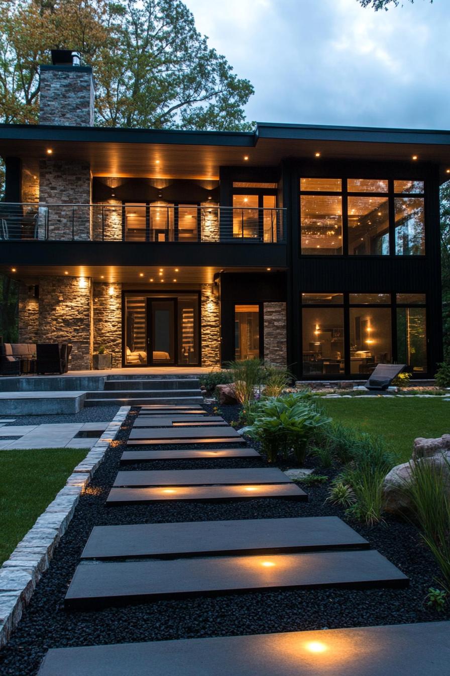 contemporary house exterior in black siding with accept stone wall full glass wall windows large balcony and porch LED lit eaves landscaping with 1