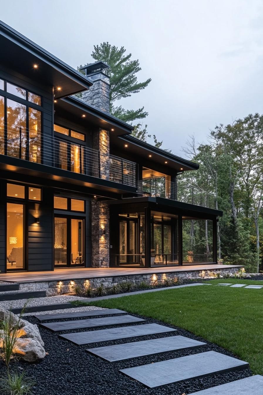 contemporary house exterior in black siding with accept stone wall full glass wall windows large balcony and porch LED lit eaves landscaping with 2