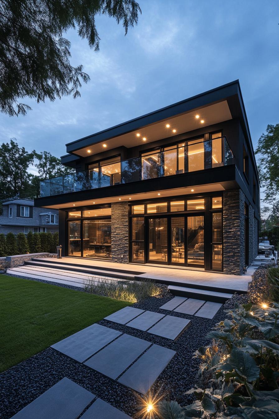 contemporary house exterior in black siding with accept stone wall full glass wall windows large balcony and porch LED lit eaves landscaping with 3