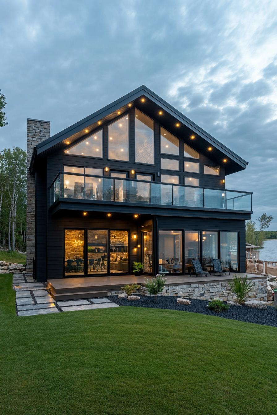 contemporary house exterior in black siding with accept stone wall full glass wall windows large balcony and porch LED lit eaves landscaping with