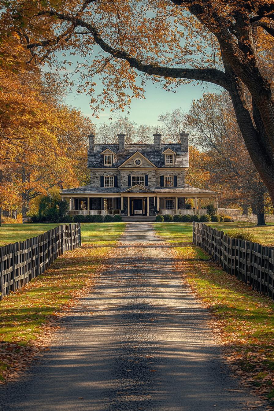 Charming stone manor surrounded by autumn foliage