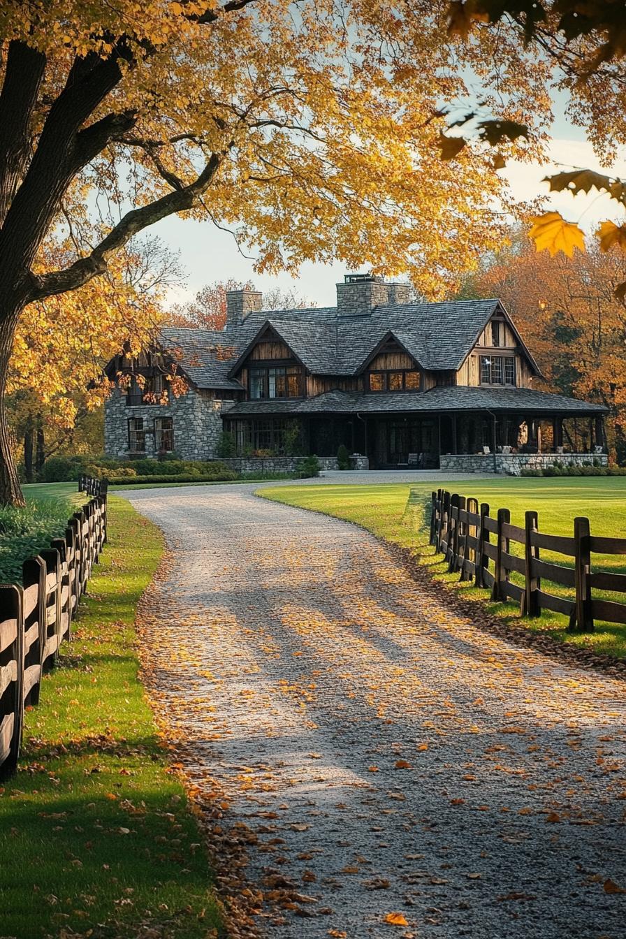 Stone house surrounded by autumn foliage