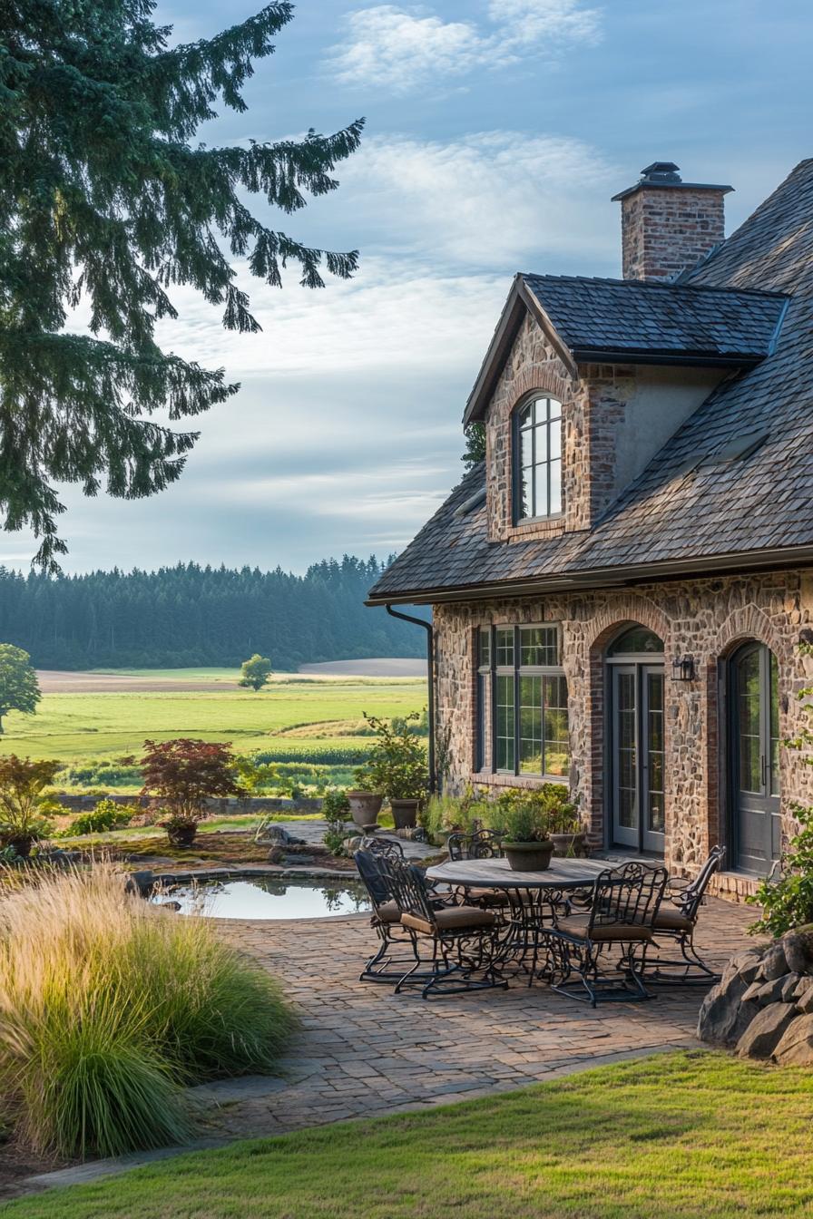 european country cottage with stone brick facade multi pitched gable roof outdoor patio with garden furniture large yard with lawn ornamental