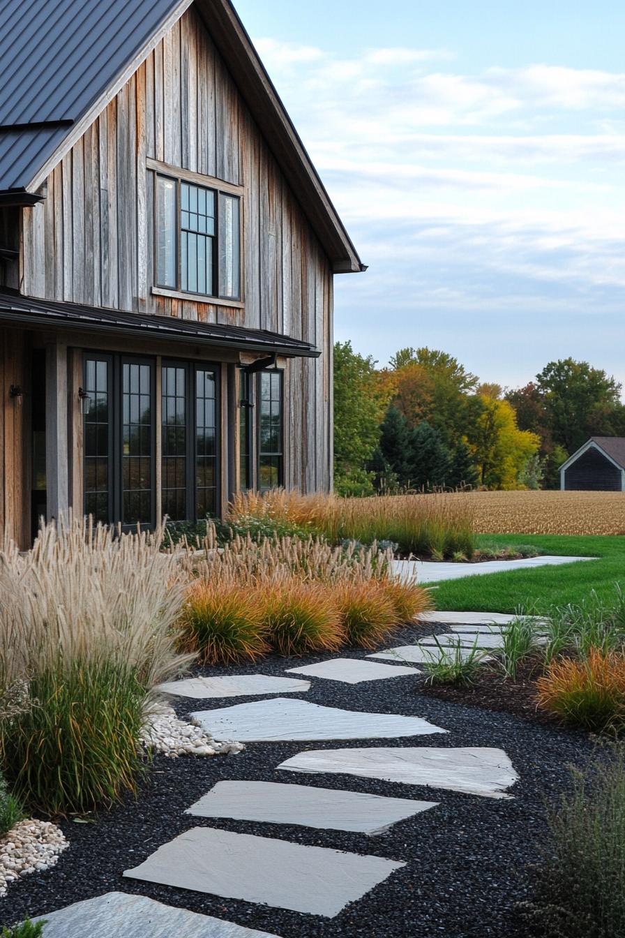 farmhouse with reclaimed wood siding modern windows front yard cobblestones on dark mulch ornamental and feather grasses farmlands in the 1