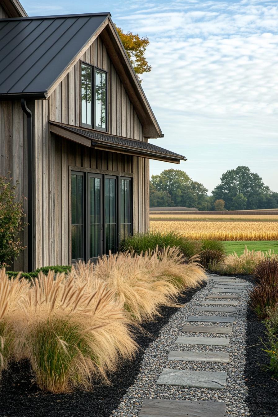 farmhouse with reclaimed wood siding modern windows front yard cobblestones on dark mulch ornamental and feather grasses farmlands in the 2