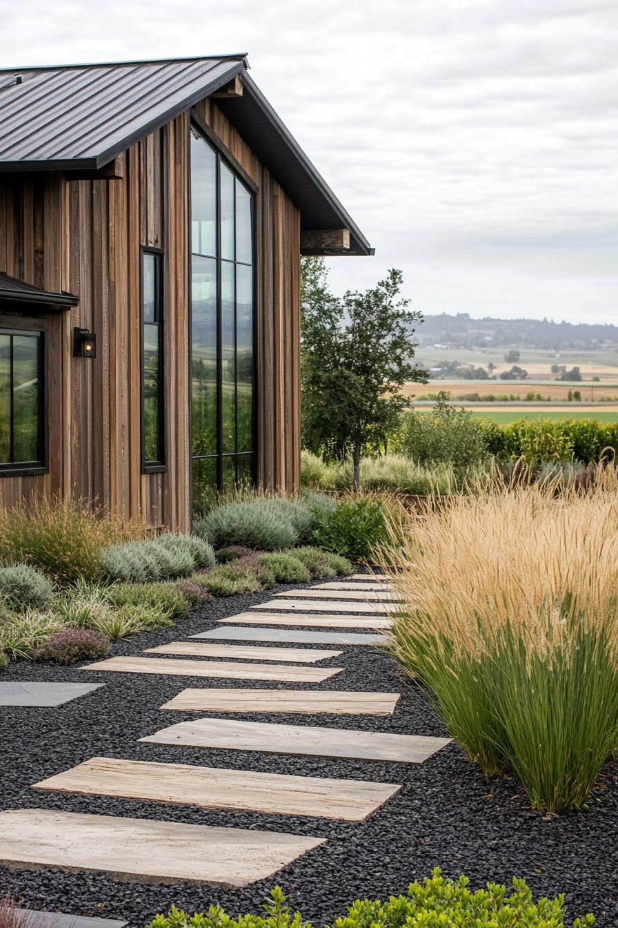 farmhouse with reclaimed wood siding modern windows front yard cobblestones on dark mulch ornamental and feather grasses farmlands in the 3