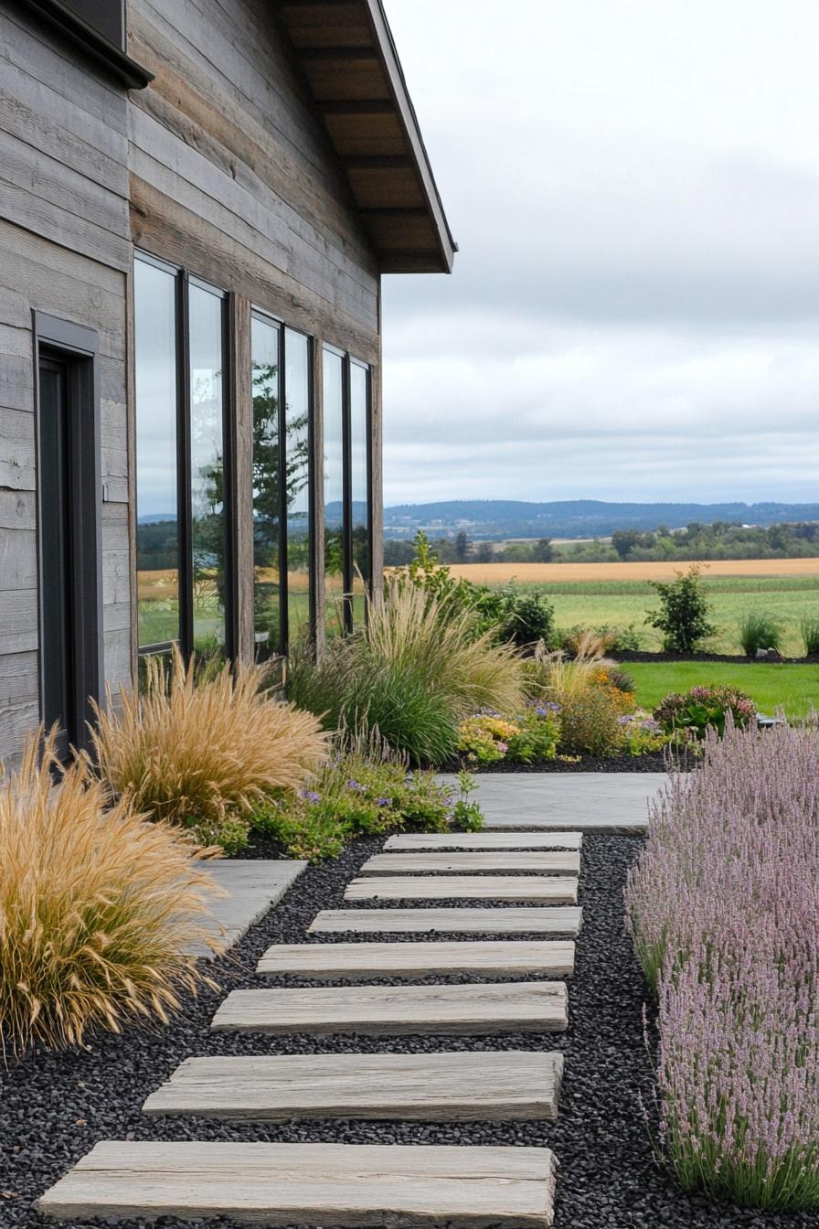 farmhouse with reclaimed wood siding modern windows front yard cobblestones on dark mulch ornamental and feather grasses farmlands in the