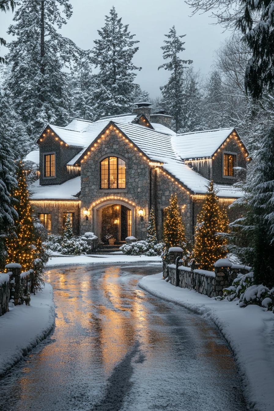 forest manor with stone siding modern windows roof with snow trimmed with string lights fir trees in the front yard with string lights the 1