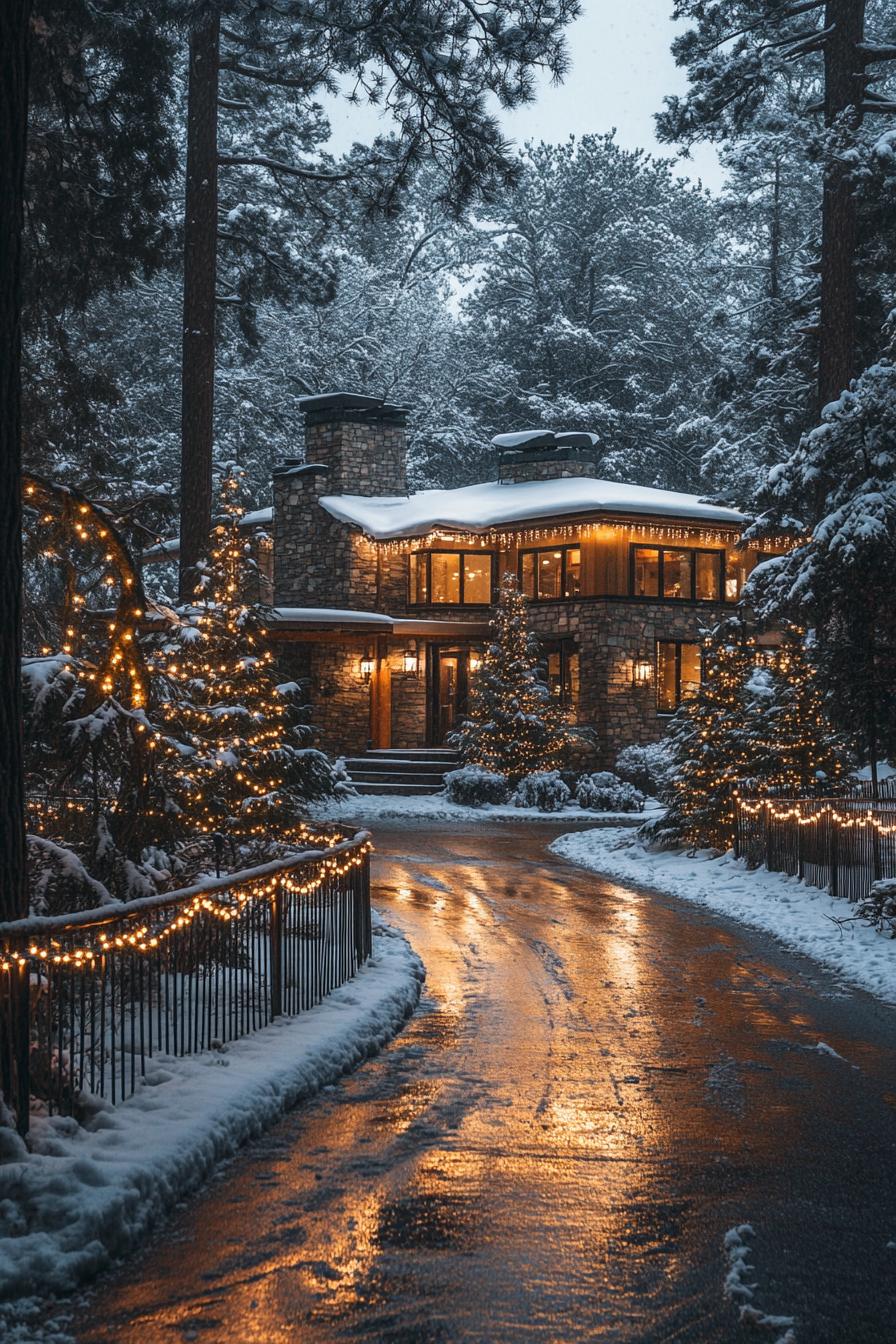 forest manor with stone siding modern windows roof with snow trimmed with string lights fir trees in the front yard with string lights the