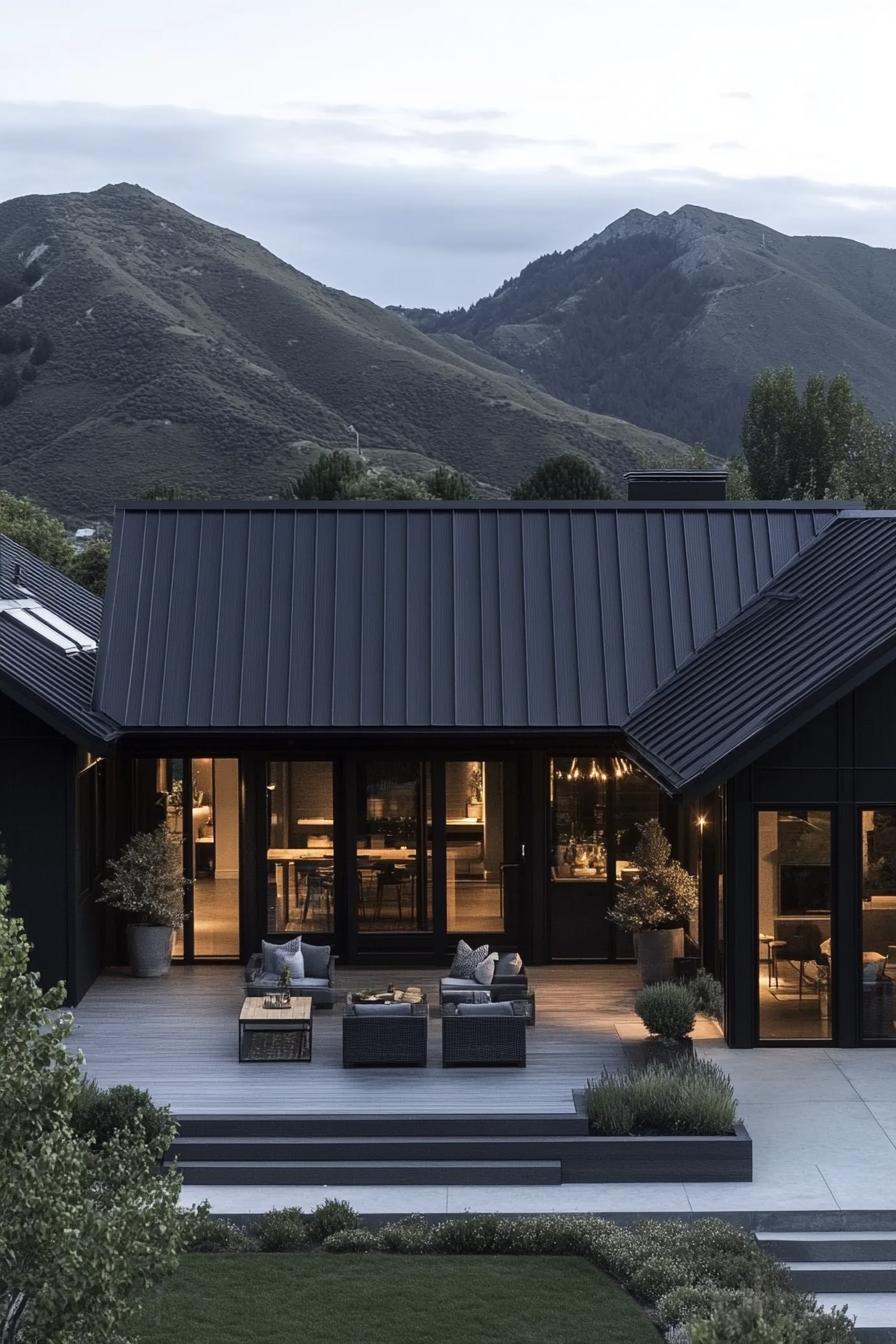 high angle view of a black modern farmhouse with black metal multi pitch roof large porch with wood beam posts courtyard with shrubs and garden 1