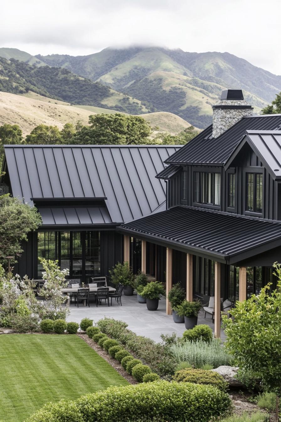 high angle view of a black modern farmhouse with black metal multi pitch roof large porch with wood beam posts courtyard with shrubs and garden