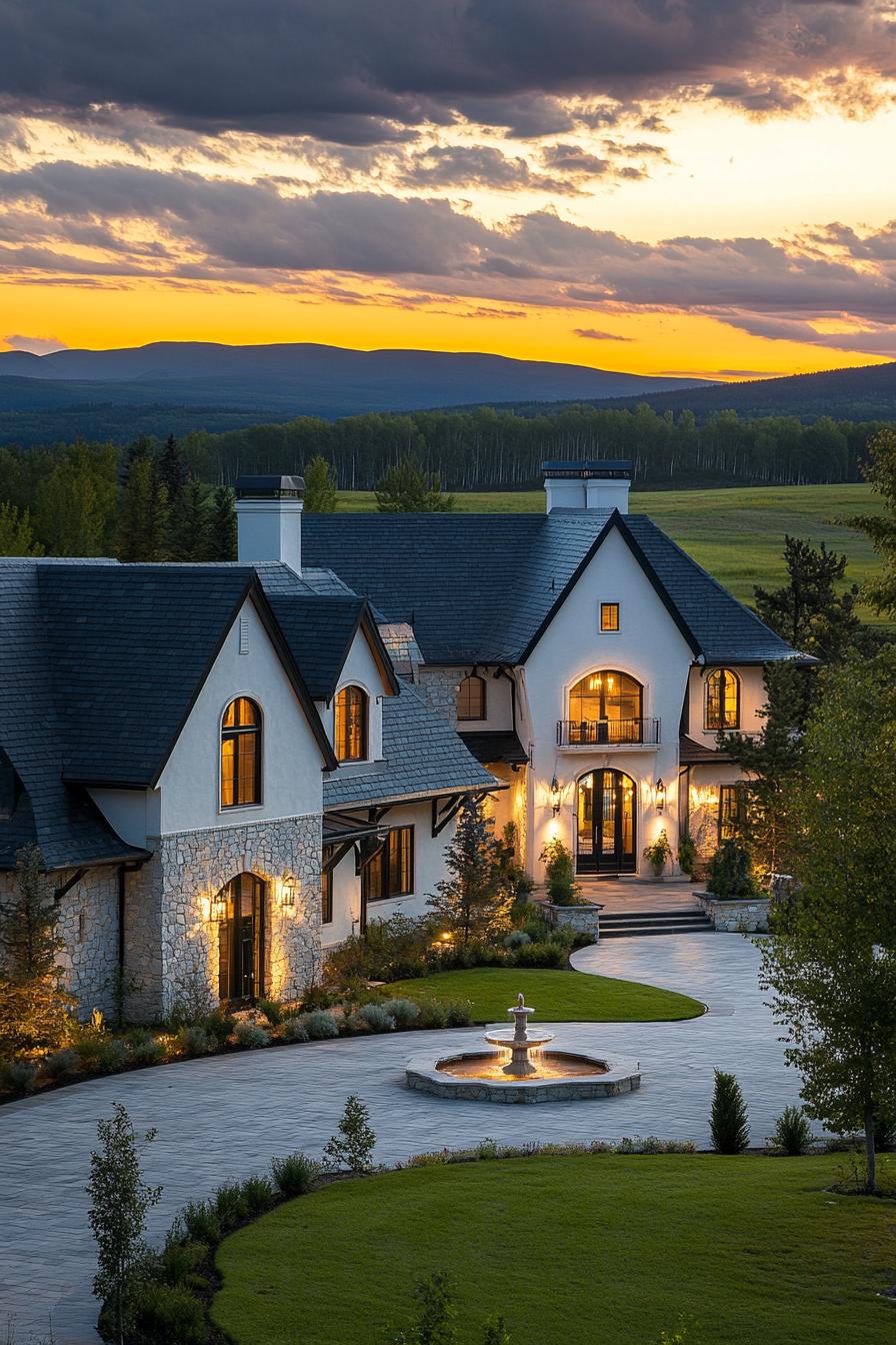 high angle view of a modern cottage style mansion with stone siding with white stucco accents arched window frames with embellishments multiple 1