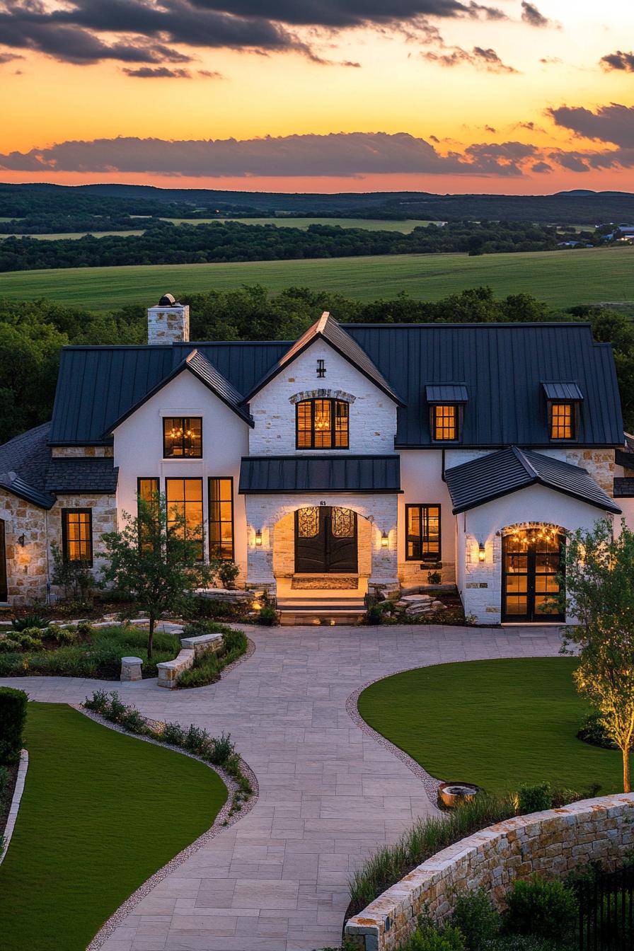 high angle view of a modern cottage style mansion with stone siding with white stucco accents arched window frames with embellishments multiple 2