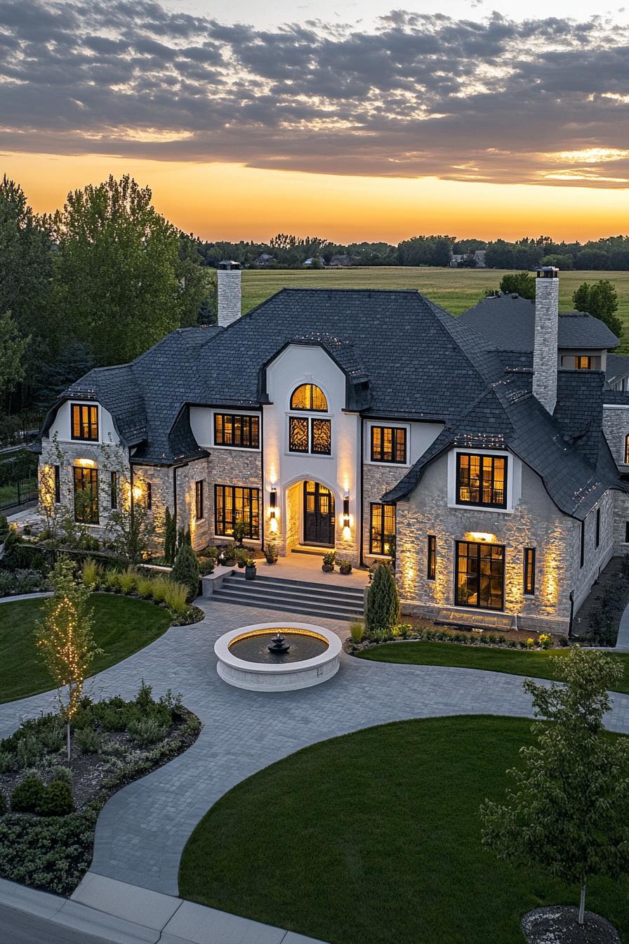 high angle view of a modern cottage style mansion with stone siding with white stucco accents arched window frames with embellishments multiple 3