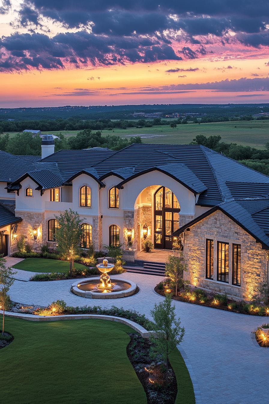 high angle view of a modern cottage style mansion with stone siding with white stucco accents arched window frames with embellishments multiple