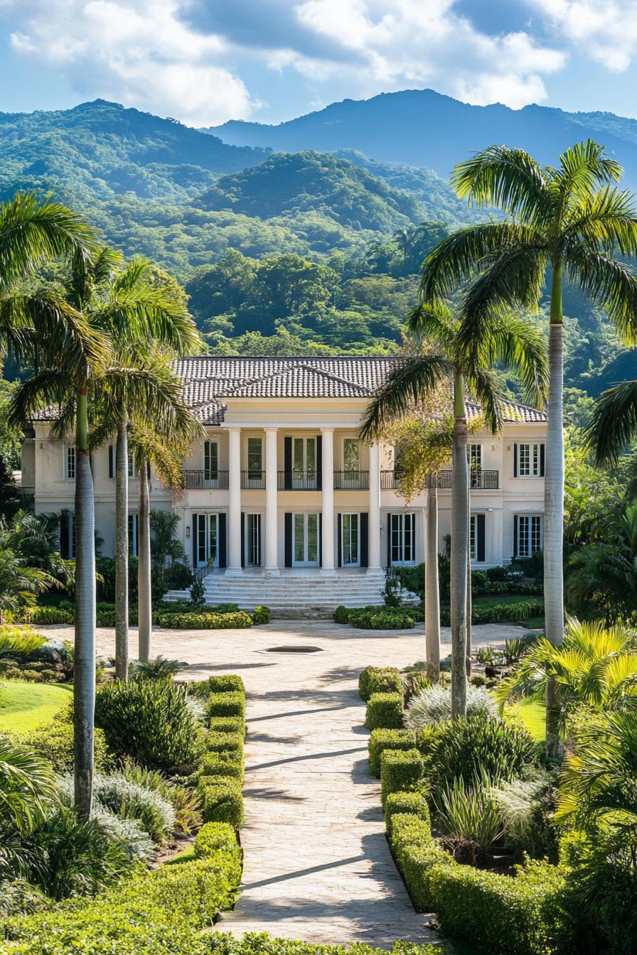 high angle view of colonial style manor facade with columns and modern windows large front garden with native shrubs tall palms and paved paths 1