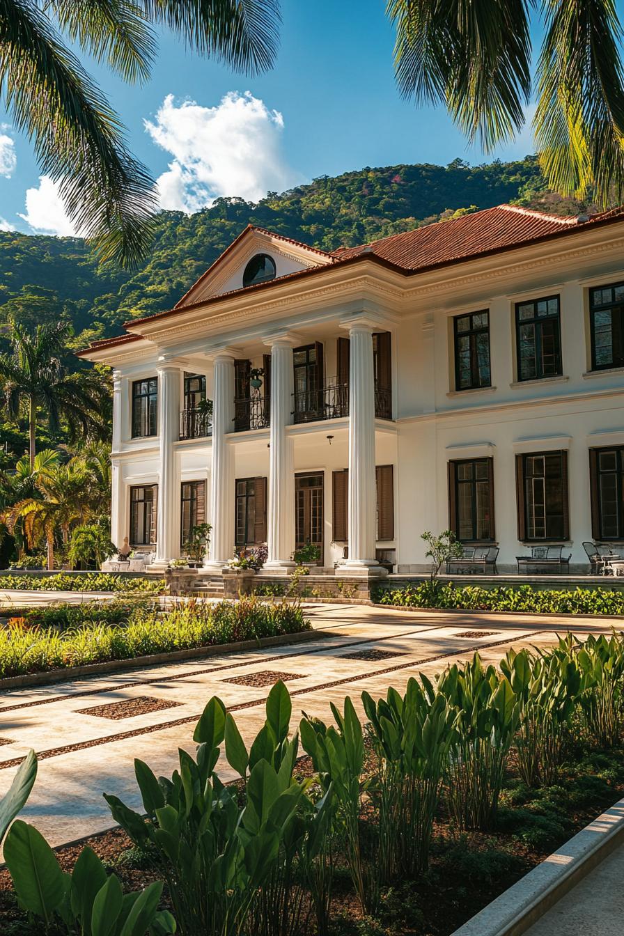 high angle view of colonial style manor facade with columns and modern windows large front garden with native shrubs tall palms and paved paths 2