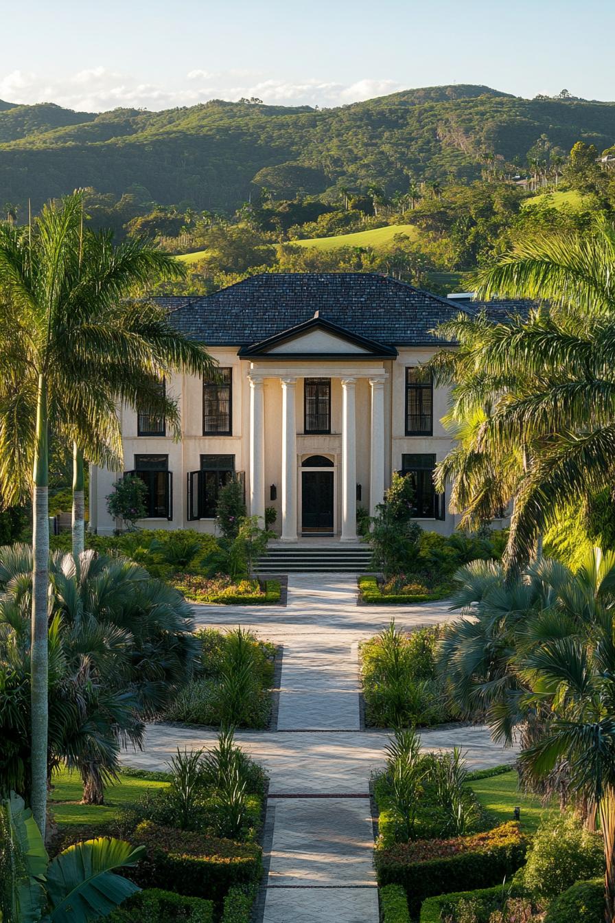 high angle view of colonial style manor facade with columns and modern windows large front garden with native shrubs tall palms and paved paths