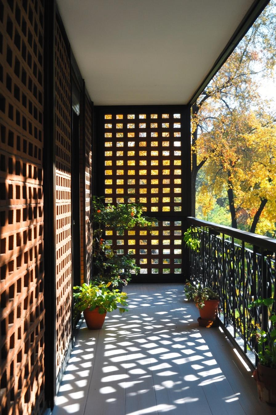 Sunlit brickwork patio with potted plants