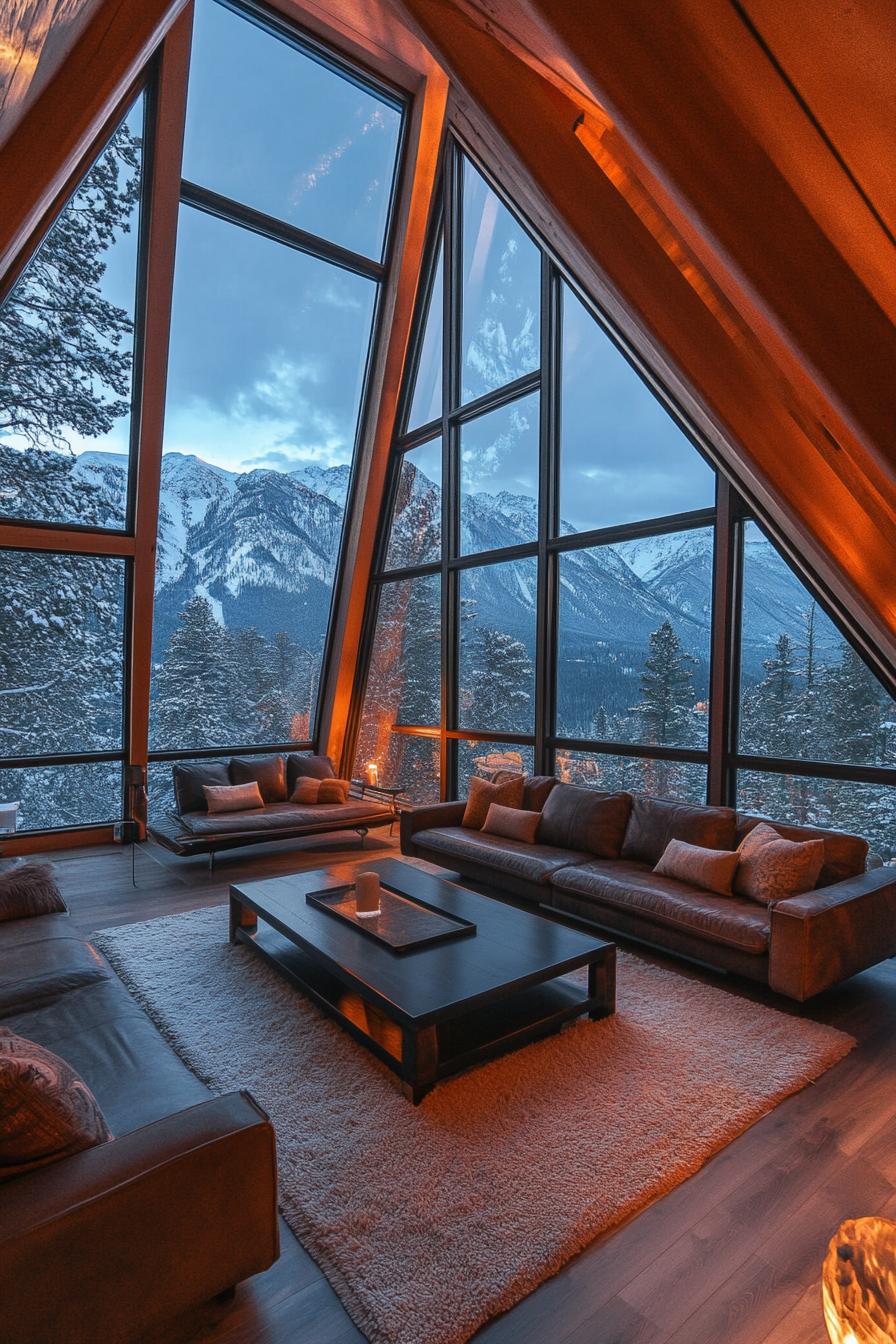 luxury interior of a frame mountain house with full wall windows and stunning snow capped mountain range views 1