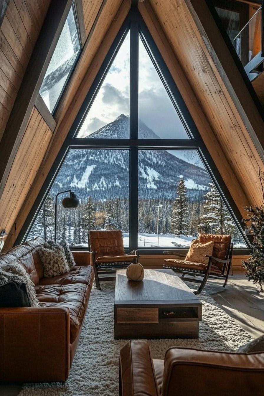 luxury interior of a frame mountain house with full wall windows and stunning snow capped mountain range views 2