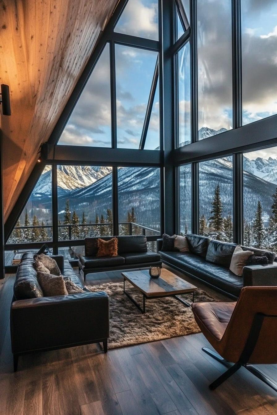 luxury interior of a frame mountain house with full wall windows and stunning snow capped mountain range views 3