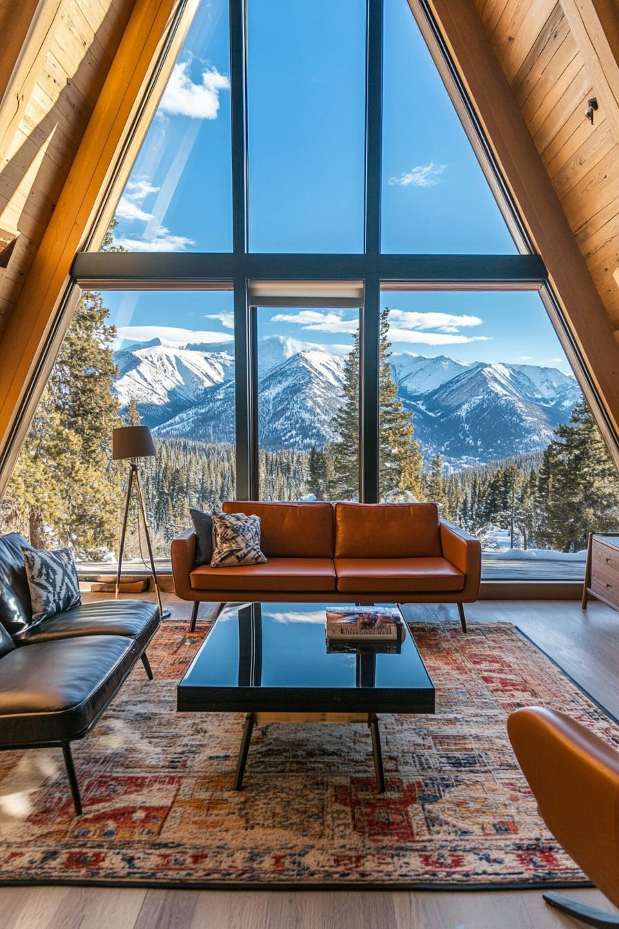 luxury interior of a frame mountain house with full wall windows and stunning snow capped mountain range views