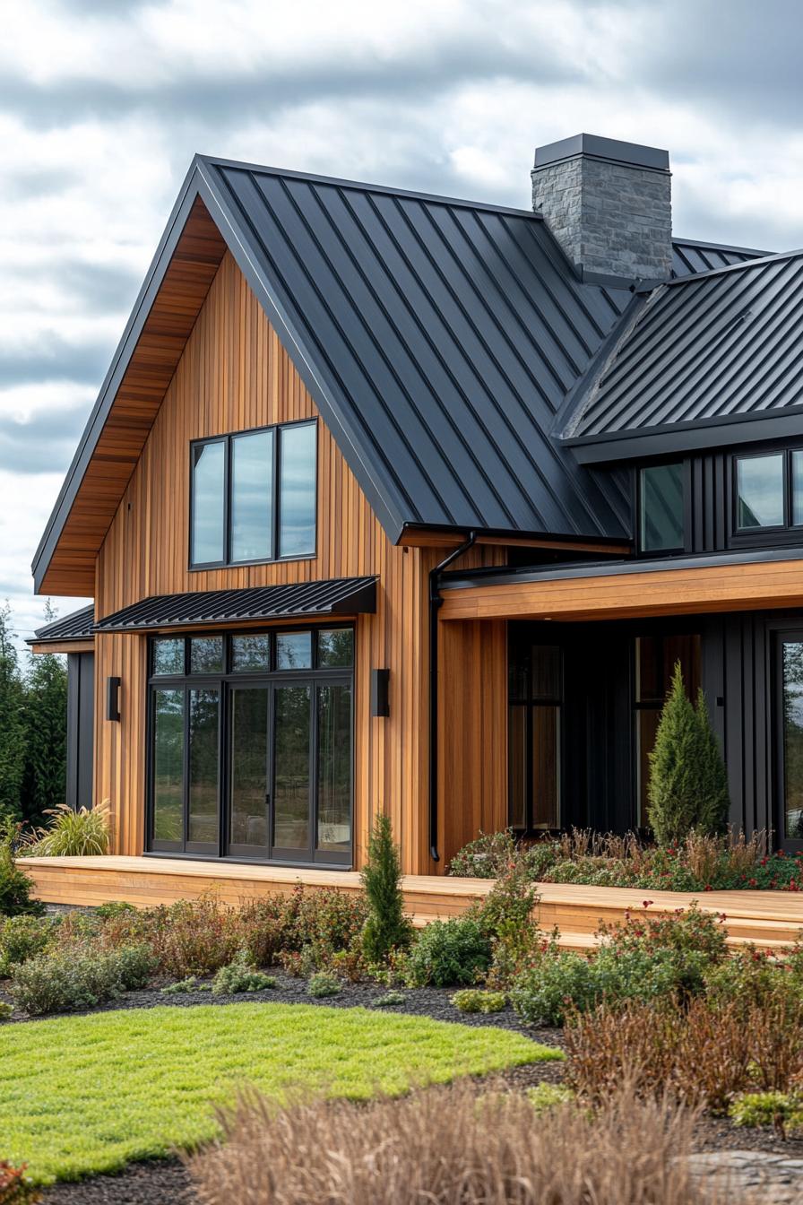 A contemporary wooden house with large windows and a metal roof