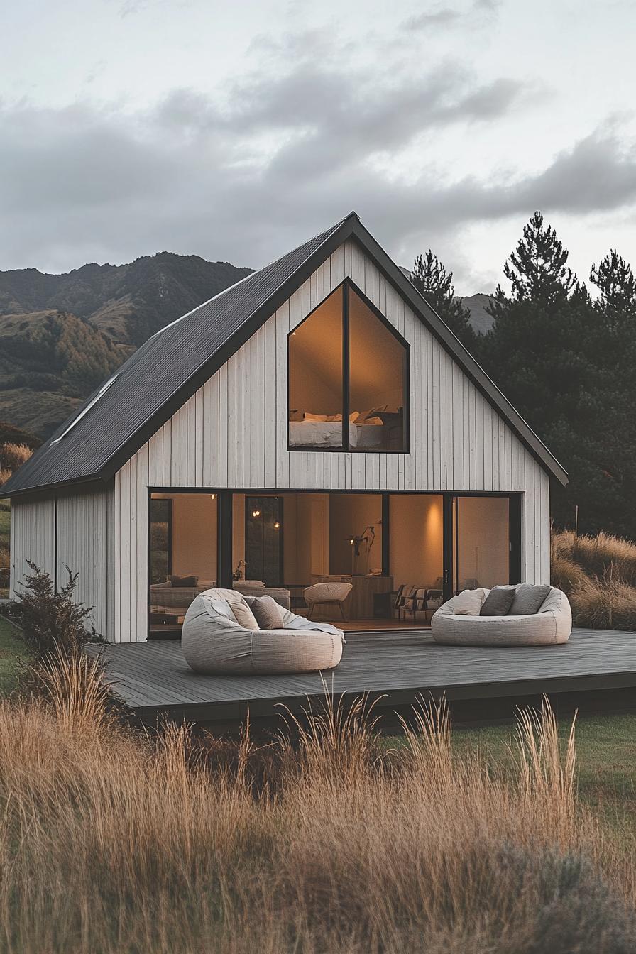 Barn-style house with large windows overlooking mountains