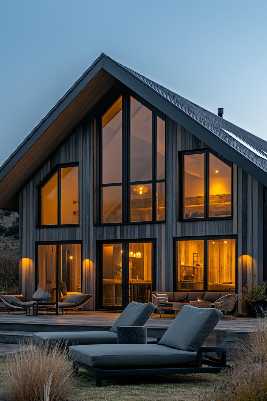 Modern barn house with large windows illuminated from within