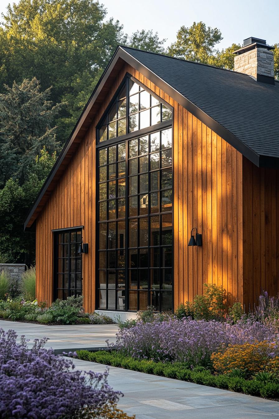 House with wooden facade and large glass windows