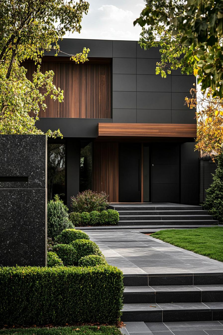 modern black villa with dark wood accent panels large front granite slab feature wall large front paved yard with geometric shrubs 1