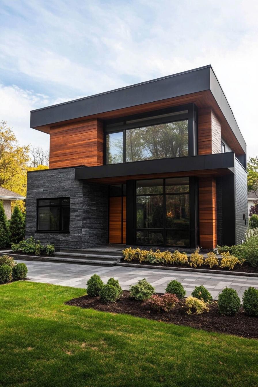 modern black villa with dark wood accent panels large front granite slab feature wall large front paved yard with geometric shrubs 2