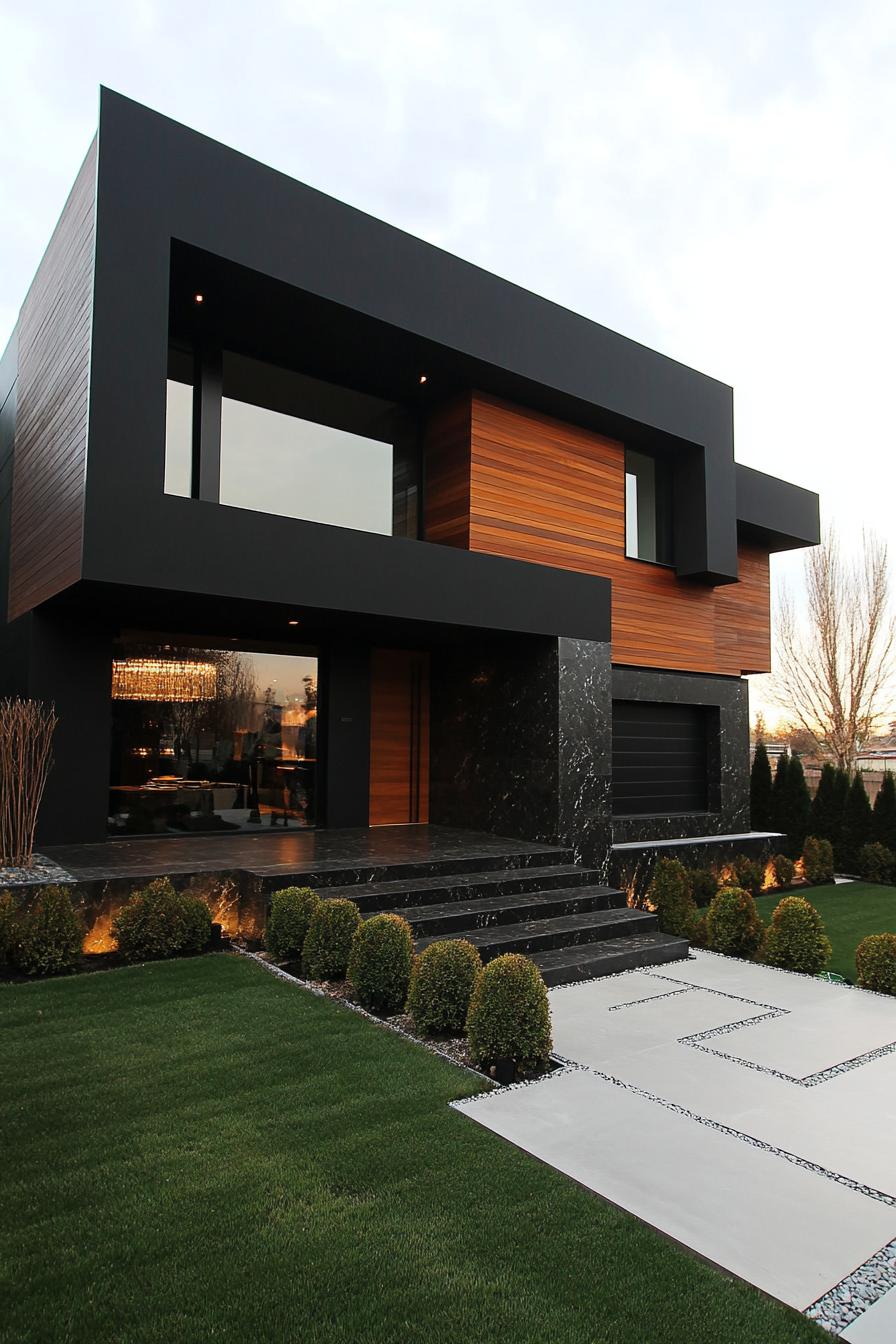 modern black villa with dark wood accent panels large front granite slab feature wall large front paved yard with geometric shrubs 3