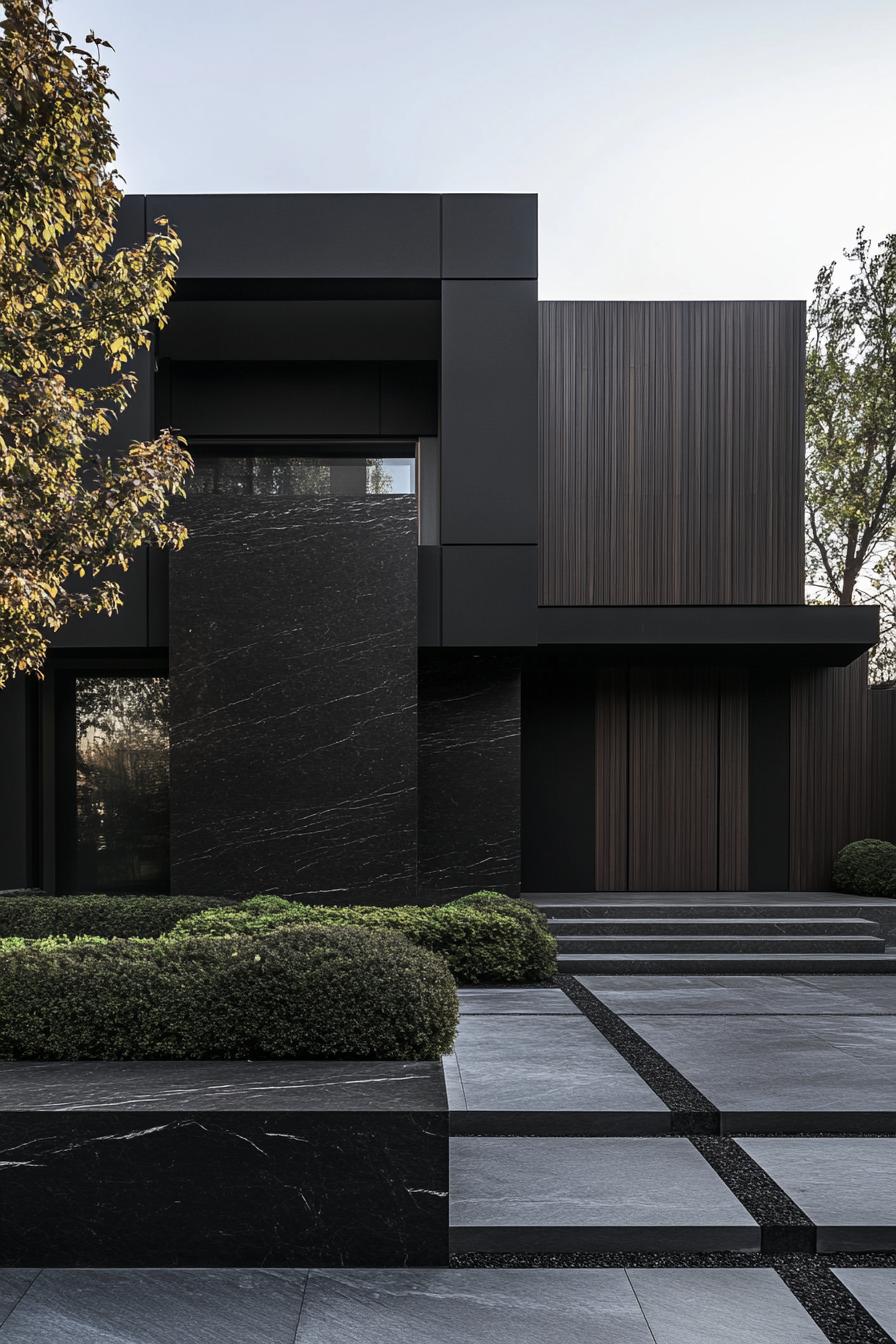 modern black villa with dark wood accent panels large front granite slab feature wall large front paved yard with geometric shrubs