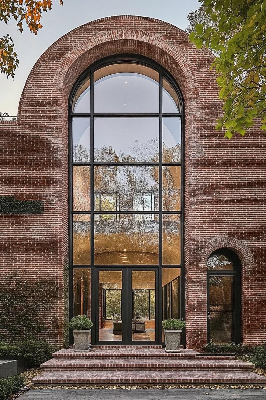 modern brick house geometric facade with tall arches full glass windows and doors 1