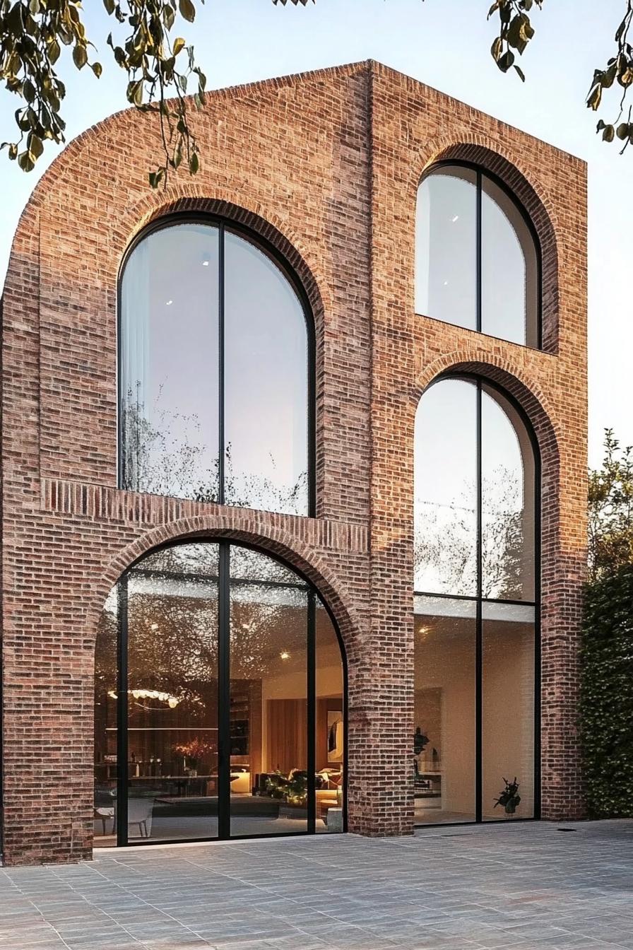 modern brick house geometric facade with tall arches full glass windows and doors 2