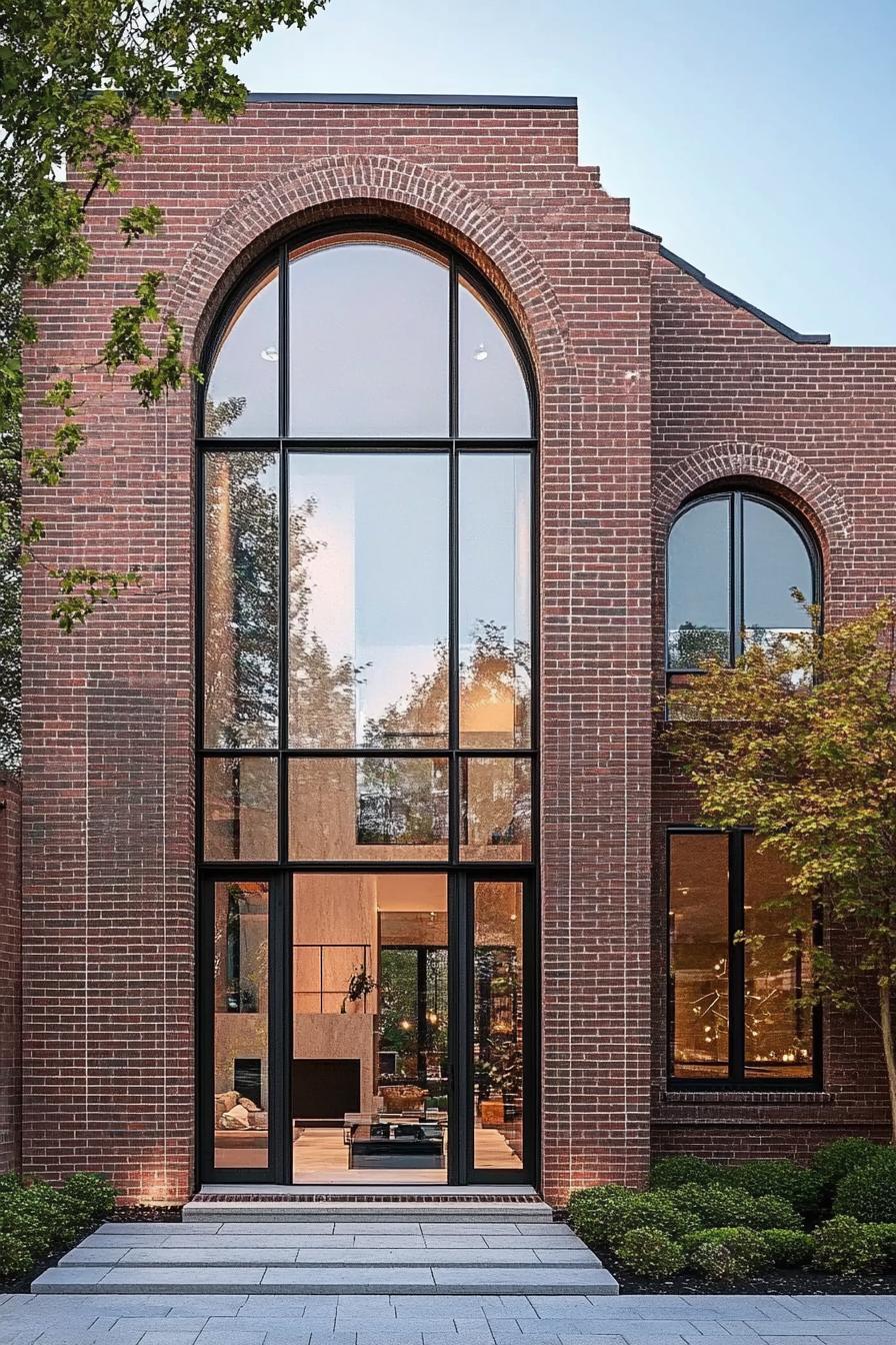 modern brick house geometric facade with tall arches full glass windows and doors