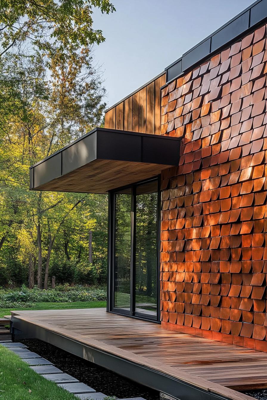 modern house geometric facade with brick and wooden facade with shimmering multi shade red metal tiles accent wall 1