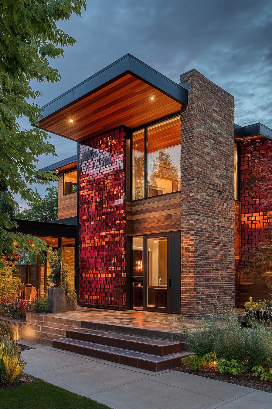 modern house geometric facade with brick and wooden facade with shimmering multi shade red metal tiles accent wall 2