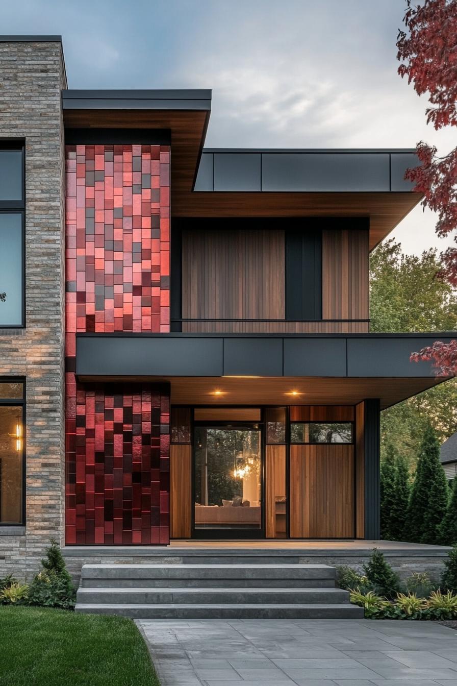 modern house geometric facade with brick and wooden facade with shimmering multi shade red metal tiles accent wall 3