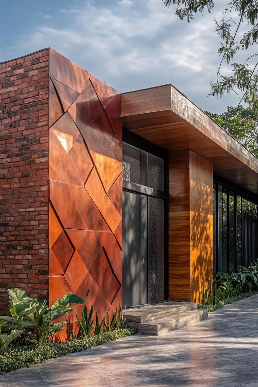 modern house geometric facade with brick and wooden facade with shimmering multi shade red metal tiles accent wall