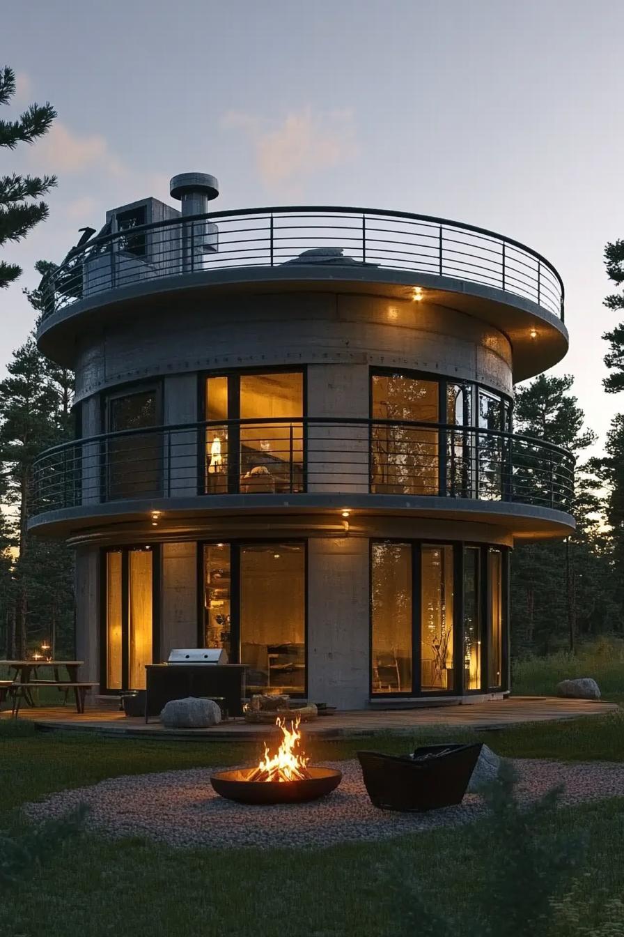 modern house made from grain silo it has a large balcony with railings large modern windows front yard with fire pit tall pines in the background