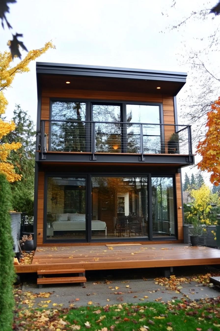 modern luxury tiny square house 2 stories balcony with eaves glass sliding door full wall windows tiny wooden deck v 6.1 2